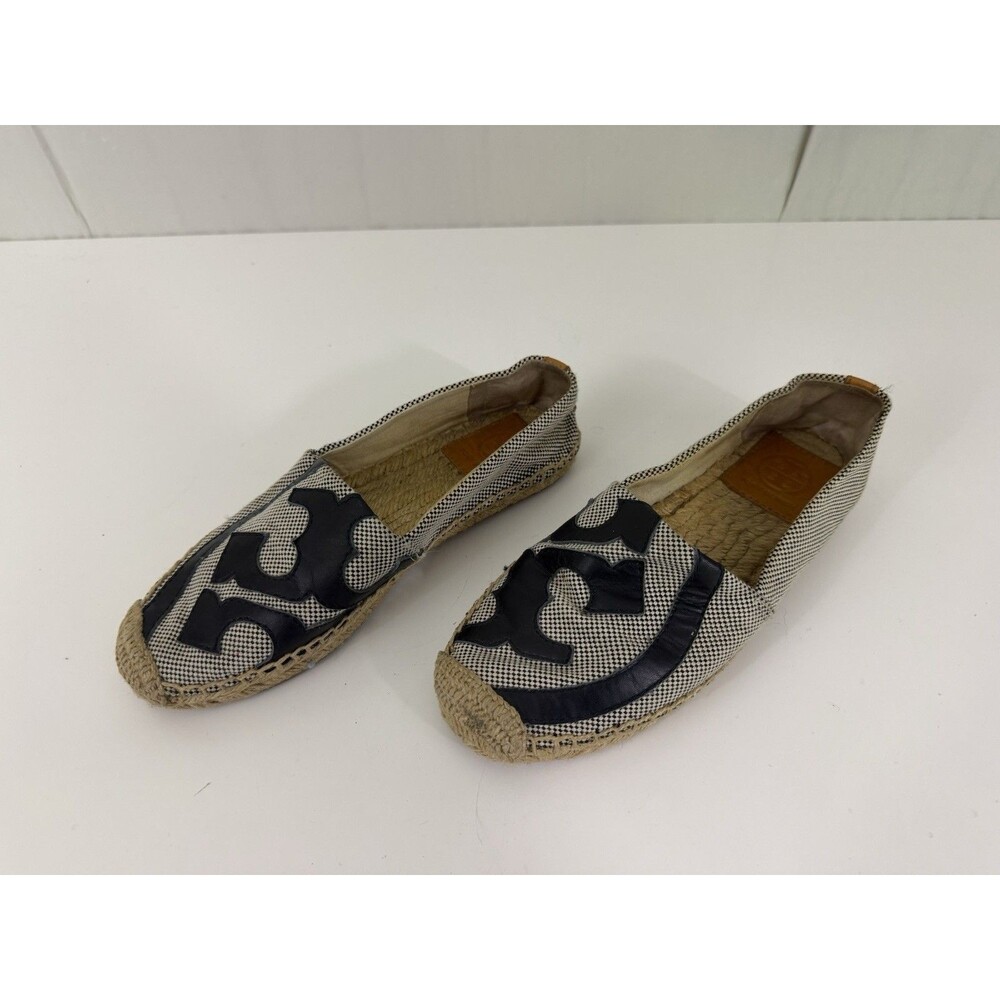 Tory Burch Black White Canvas And Leather Logo Lonnie Espadrilles Flats Size 5.5